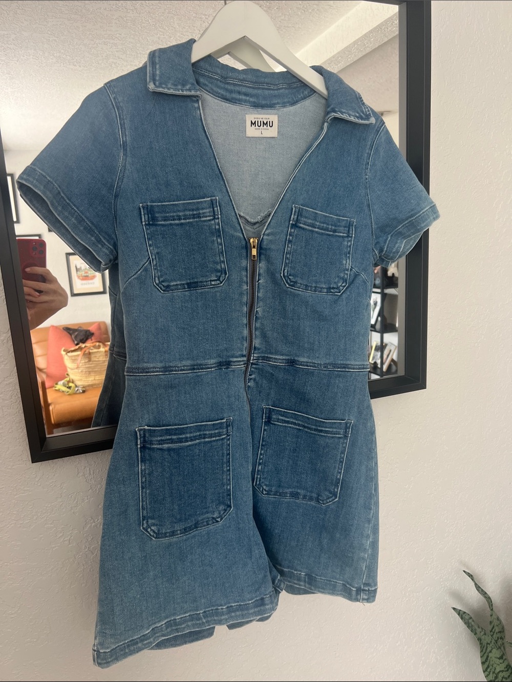 Show Me Your MuMu Blue Denim womens One-Piece Romper with Front Zip